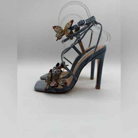 Steve Madden Uma/Uma Denim Butterfly Rhinestone Stiletto Heels Embellished Ankle - Picture 6 of 17